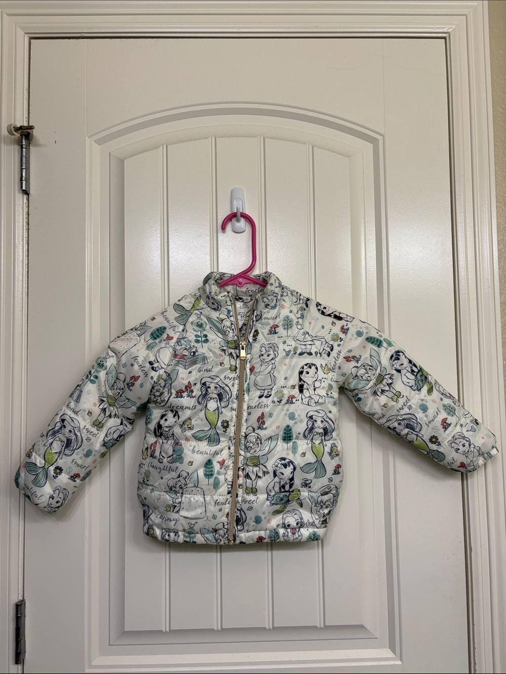 Disney Parks Animators Collection White Printed Puffer Jacket Pastel Accents